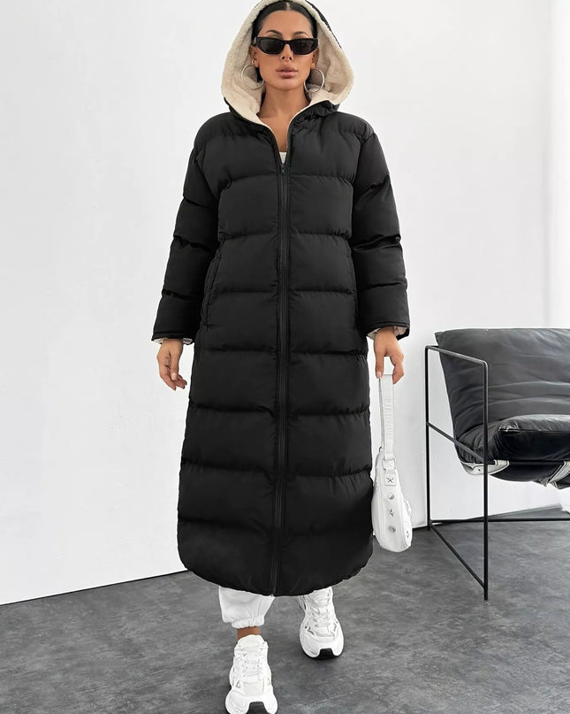 Quilted Hooded Longline Puffer Coat Black