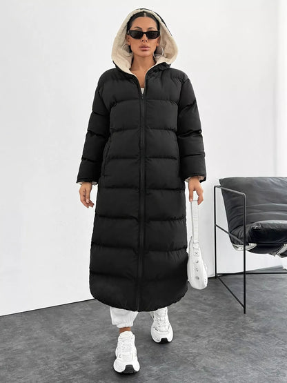 Quilted Hooded Longline Puffer Coat Black