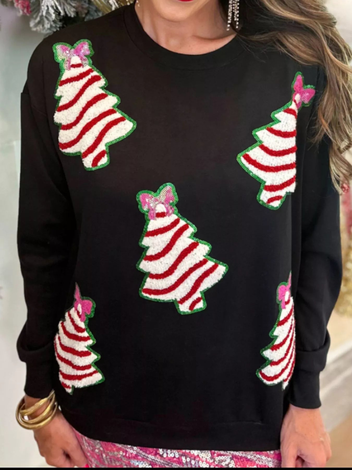Christmas Tree Sequin Long Sleeve Sweatshirt Black
