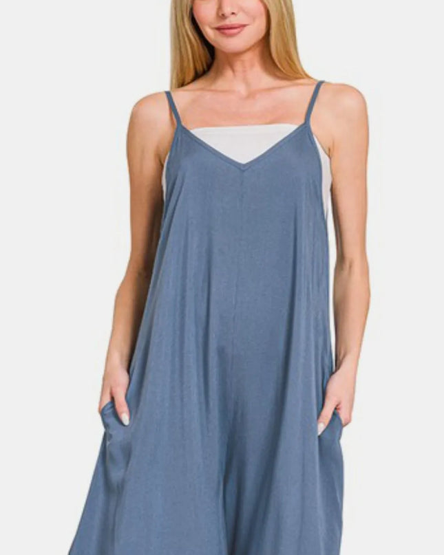 Zenana Spaghetti Strap Wide Leg Overalls with Pockets