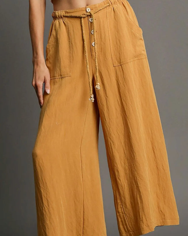 Umgee Full Size Rope Drawstring Wide Leg Pants Plus Size Mustard