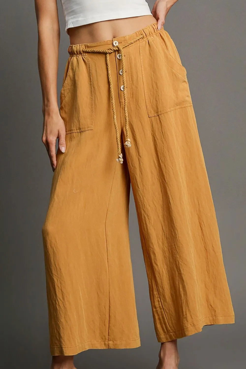 Umgee Full Size Rope Drawstring Wide Leg Pants Plus Size Mustard