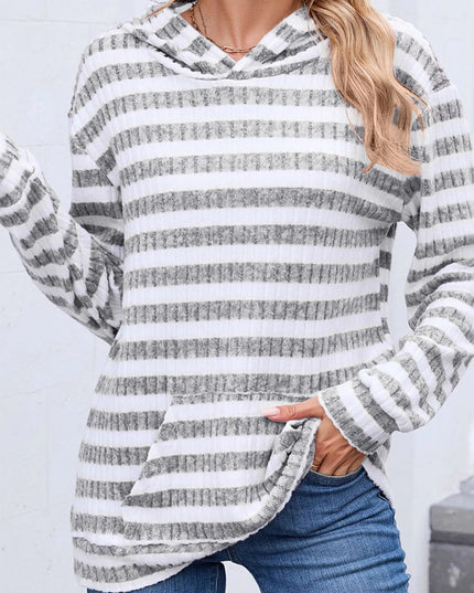 Striped Ribbed Knit Hoodie with Kangaroo Pocket Light Gray