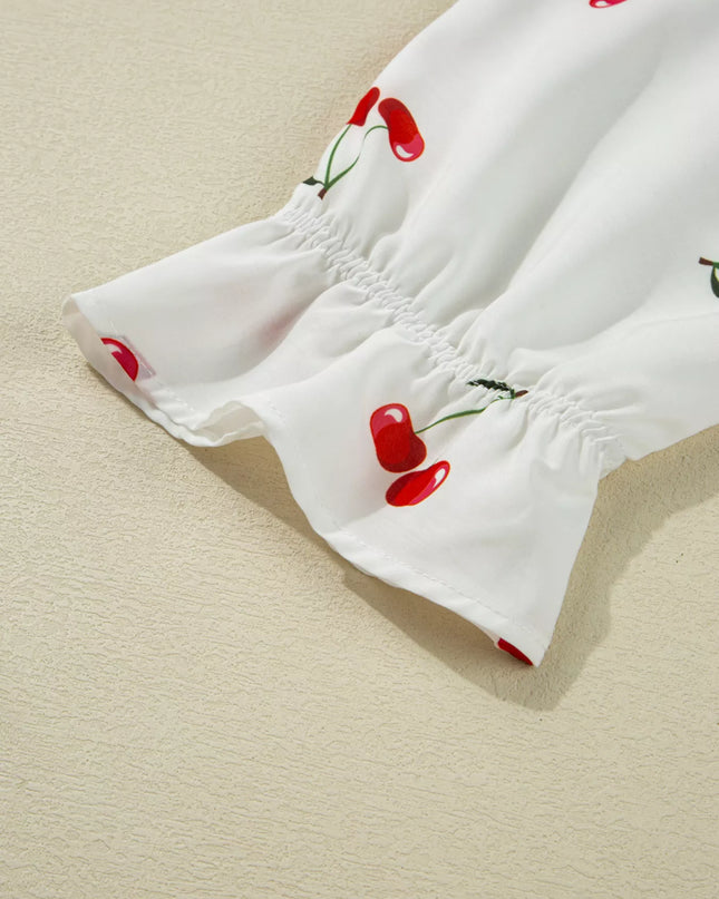 Cherry Print Flounce Sleeve Collared Frilled Babydoll Blouse