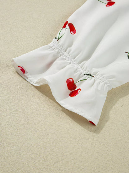 Cherry Print Flounce Sleeve Collared Frilled Babydoll Blouse