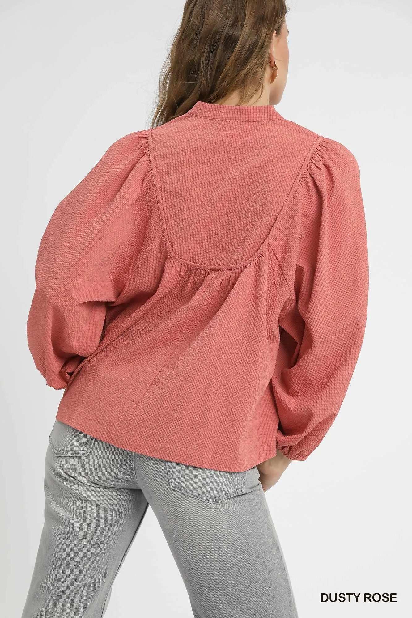 Umgee Textured Notched Blouse with Balloon Sleeves