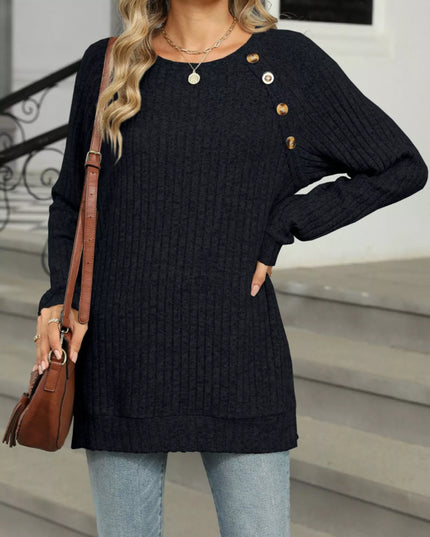 Ribbed Round Neck Long Sleeve T-Shirt