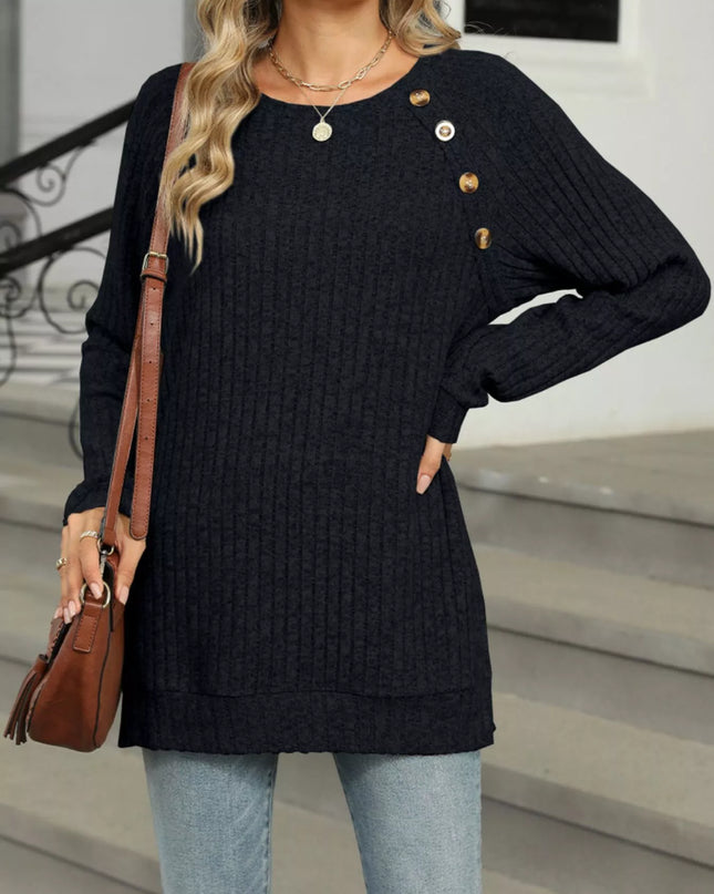 Ribbed Round Neck Long Sleeve T-Shirt
