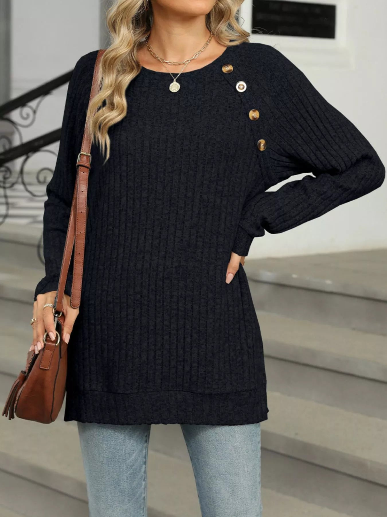 Ribbed Round Neck Long Sleeve T-Shirt