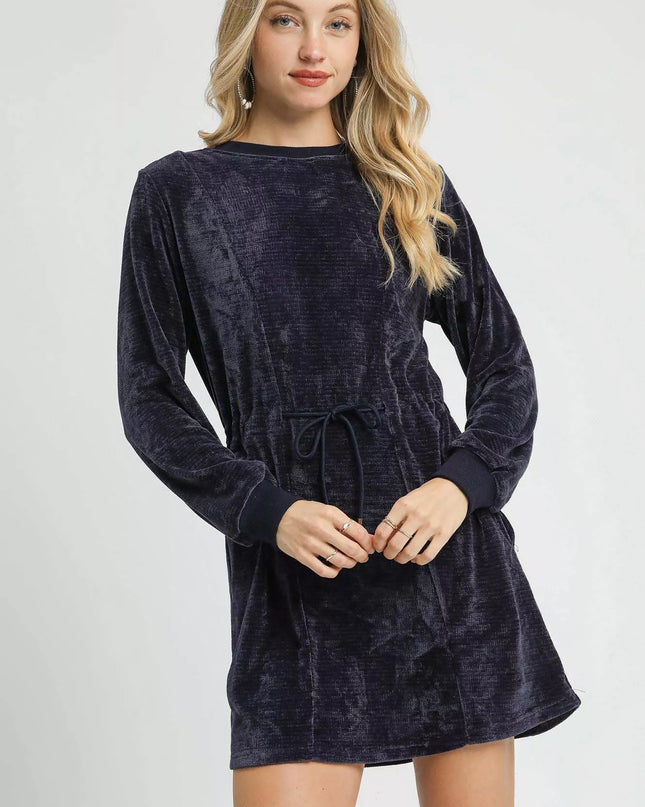 Umgee Velour Drawstring Mini Dress with Long Sleeves MIDNIGHT
