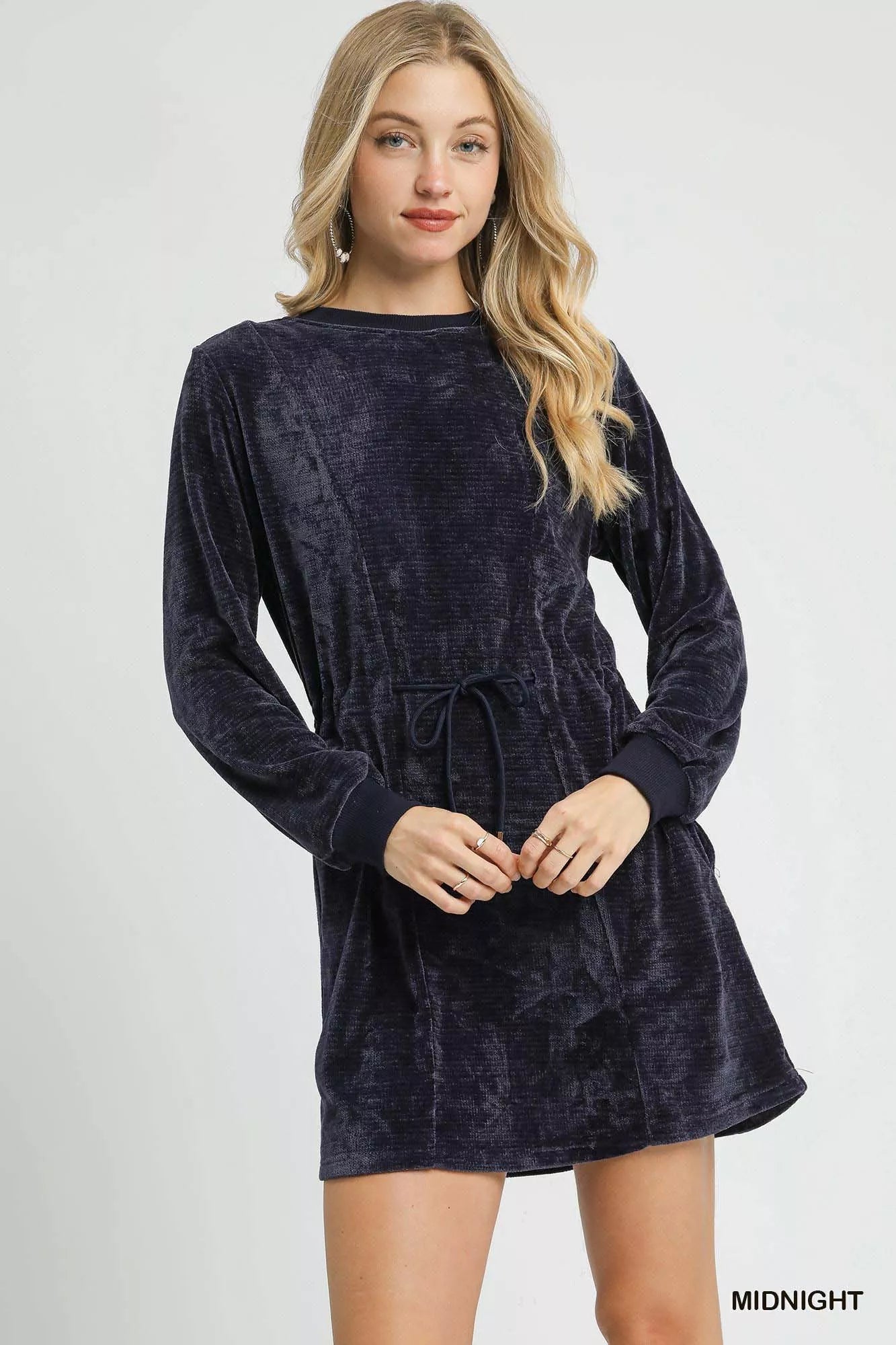 Umgee Velour Drawstring Mini Dress with Long Sleeves MIDNIGHT
