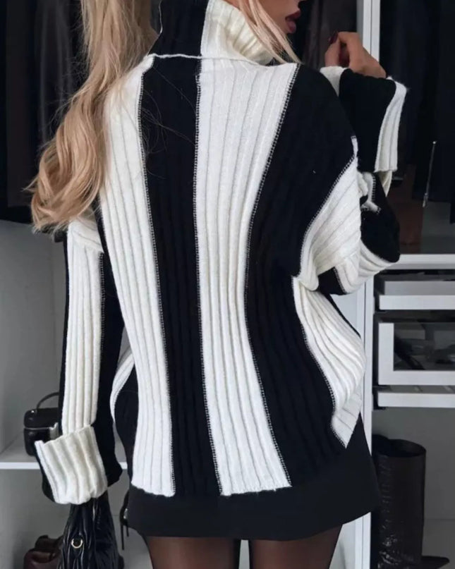 Color Block Ribbed Turtleneck Sweater