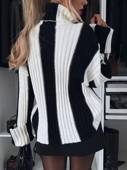 Color Block Ribbed Turtleneck Sweater