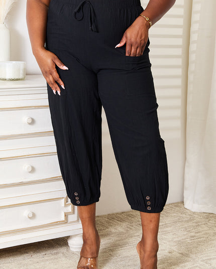 Shiny Decorative Button Cropped Pants Black