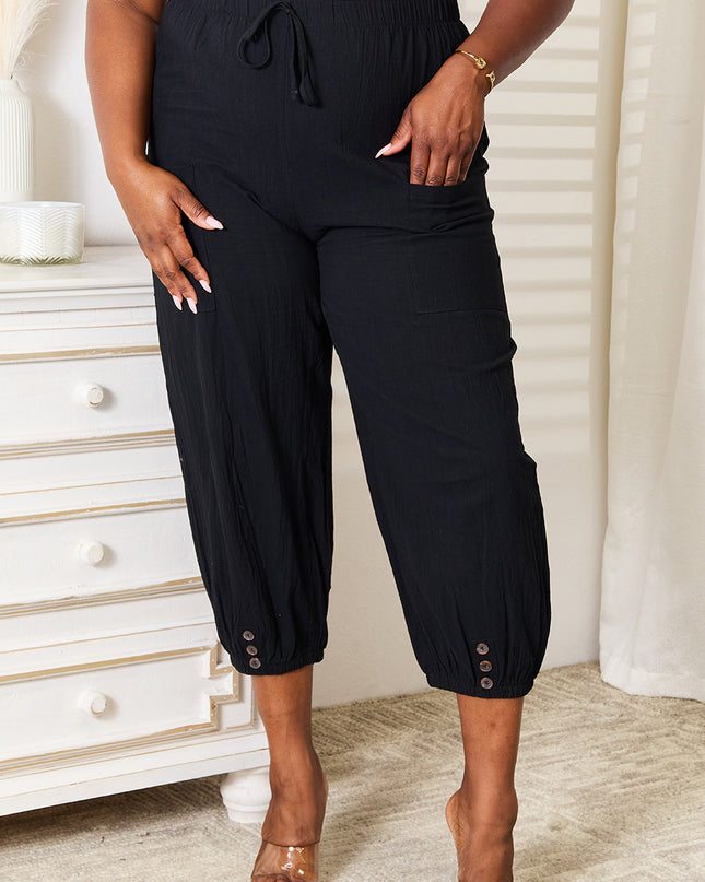 Shiny Decorative Button Cropped Pants Black