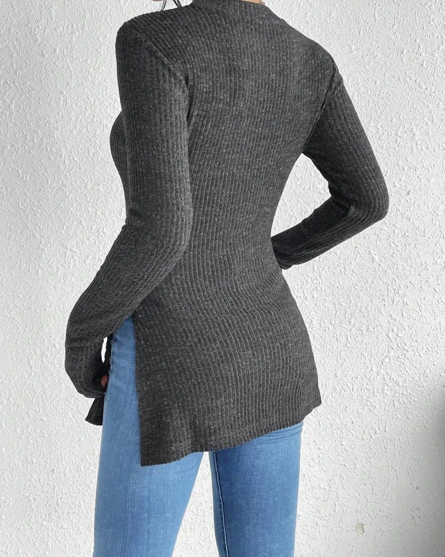 Slit Round Neck Long Sleeve T-Shirt