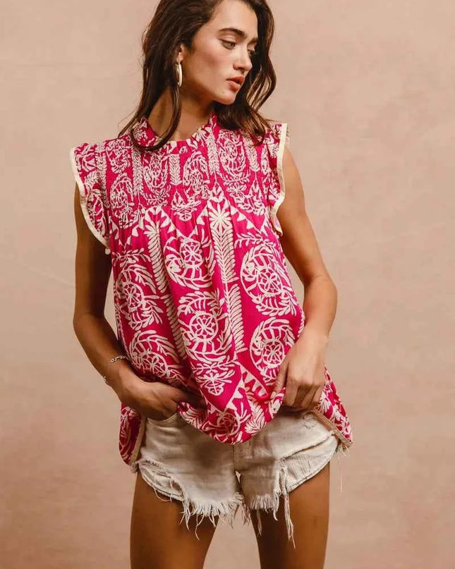 BiBi Printed Ruffle Sleeve Top
