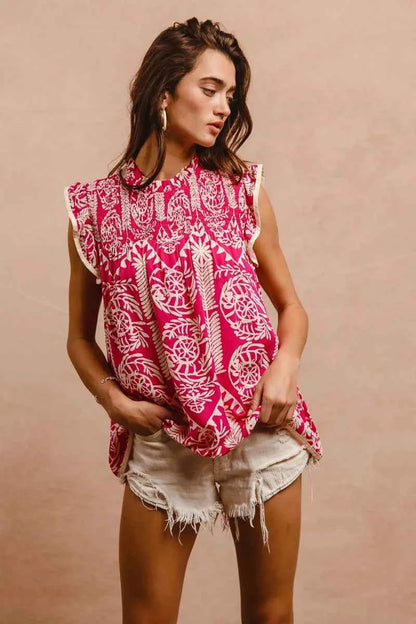 BiBi Printed Ruffle Sleeve Top
