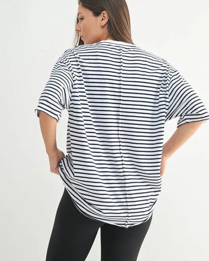 MONO B Coastal Cotton Striped Oversized Crewneck T-Shirt