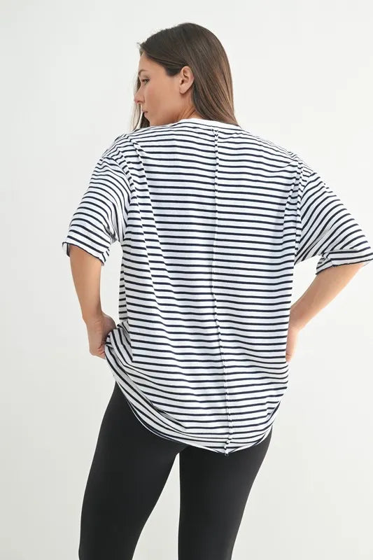 MONO B Coastal Cotton Striped Oversized Crewneck T-Shirt