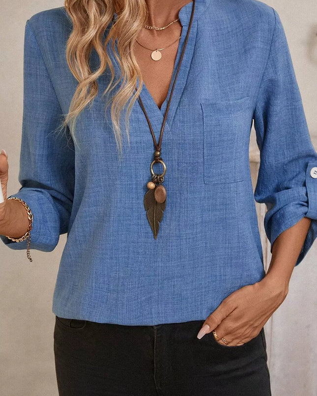 Casual Roll-Up Sleeve Notched Blouse