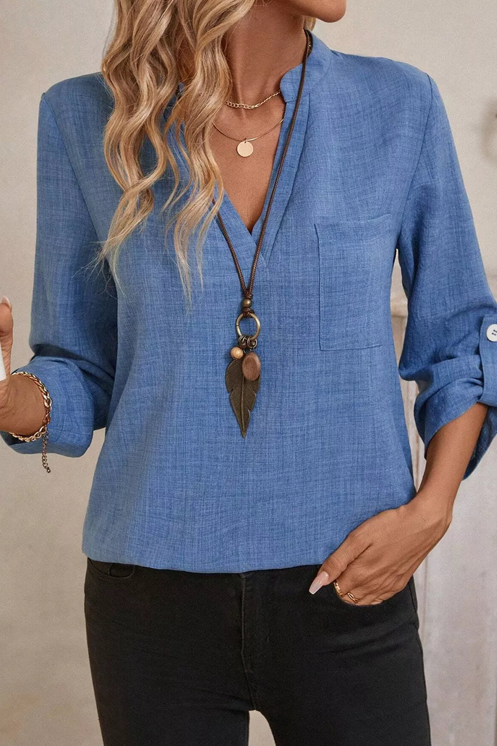 Casual Roll-Up Sleeve Notched Blouse