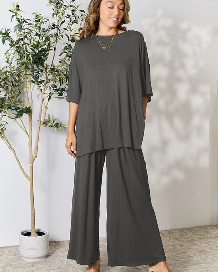 Double Take Full Size Round Neck Slit Top and Pants Set Dark Gray