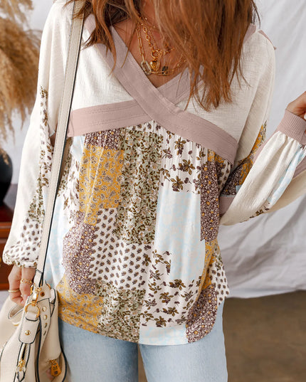 Floral Printed Contrast Patchwork Long Sleeve Top