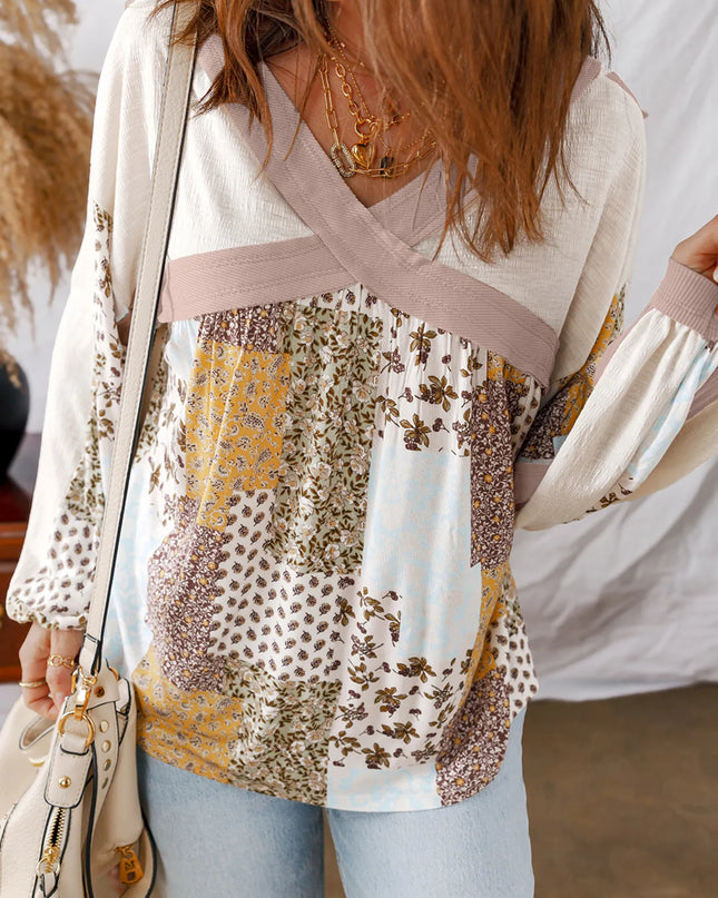 Floral Printed Contrast Patchwork Long Sleeve Top