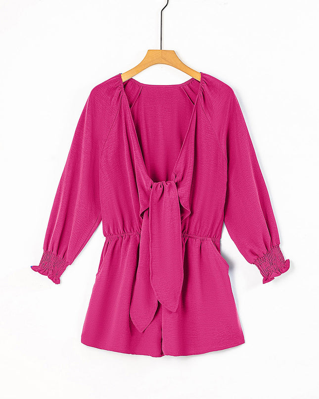 Tied Flounce Sleeve Plunge Romper Cerise