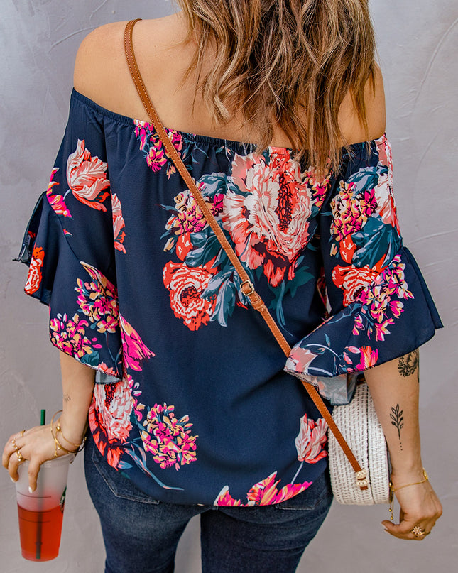 Printed Off-Shoulder Flounce Sleeve Top 