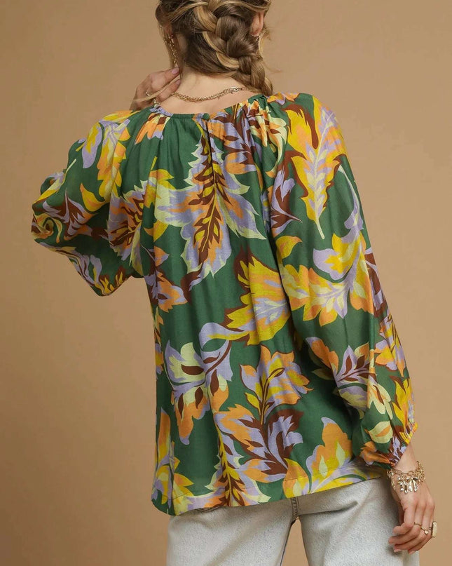 Umgee Mix Abstract Print Balloon Sleeve Blouse