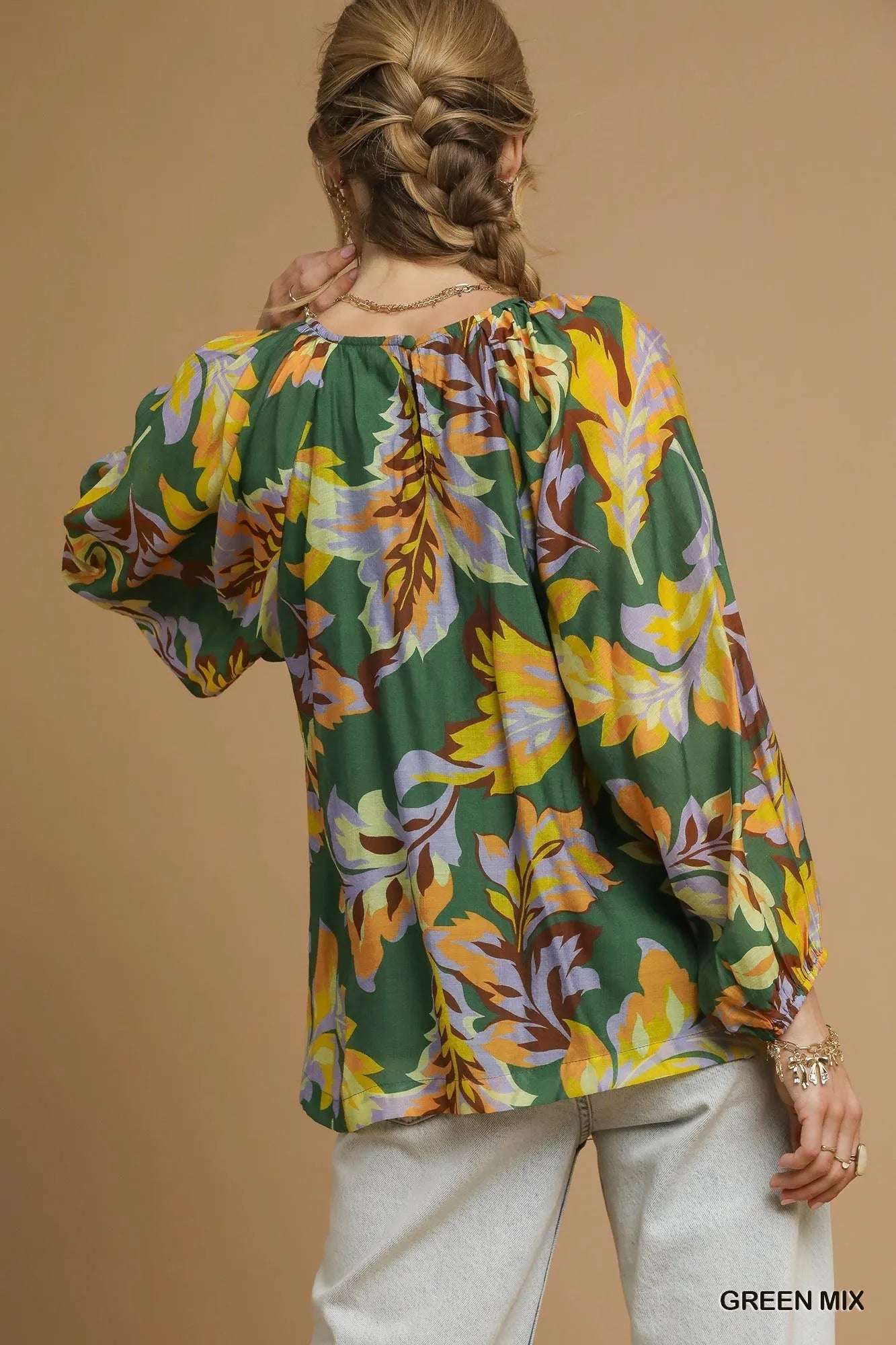 Umgee Mix Abstract Print Balloon Sleeve Blouse