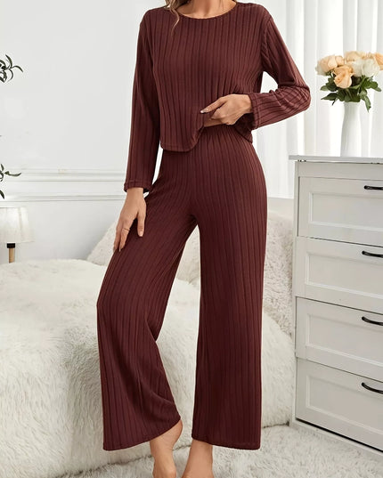 Ribbed Round Neck Long Sleeve Top and Pants Lounge Set Brown