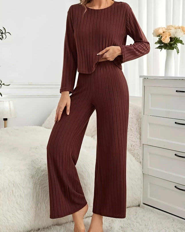 Ribbed Round Neck Long Sleeve Top and Pants Lounge Set Brown
