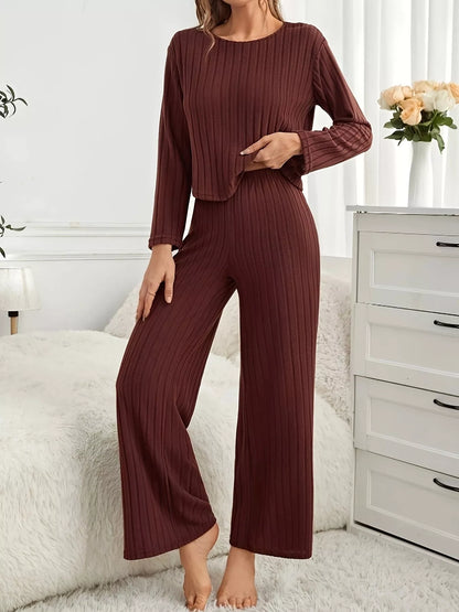 Ribbed Round Neck Long Sleeve Top and Pants Lounge Set Brown