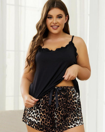 Plus Size Lace Trim Scoop Neck Cami and Printed Shorts Pajama Set Black
