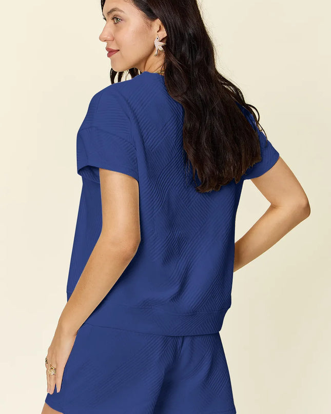 Double Take Full Size Texture Short Sleeve T-Shirt and Drawstring Shorts Set 