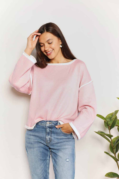 Angel Wings Contrast Detail Dropped Shoulder Knit Top Blush Pink