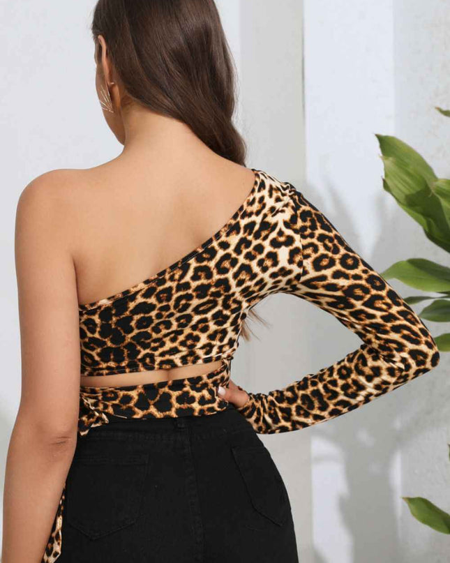 Leopard Cutout One-Shoulder Cropped Top