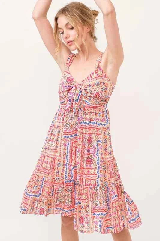 And The Why Tied Front Smocked Back Tiered Boho Printed Dress