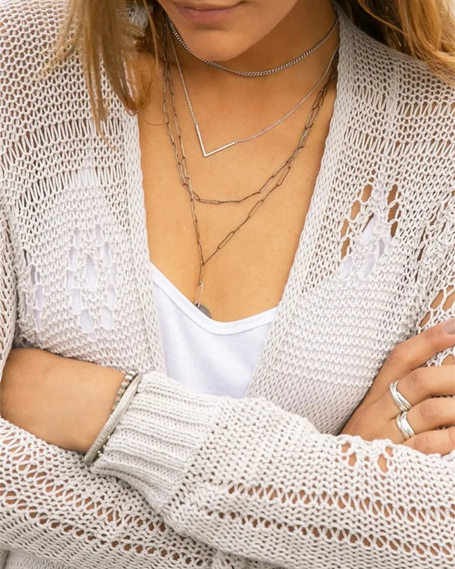 Openwork Side Slit Open Front Long Sleeve Cardigan