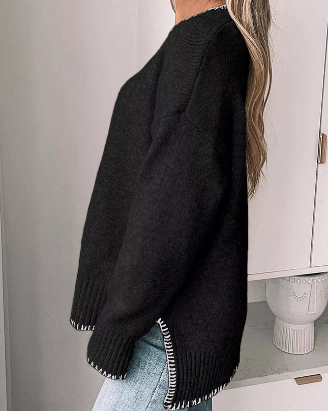 Slit Contrast Trim Round Neck Sweater