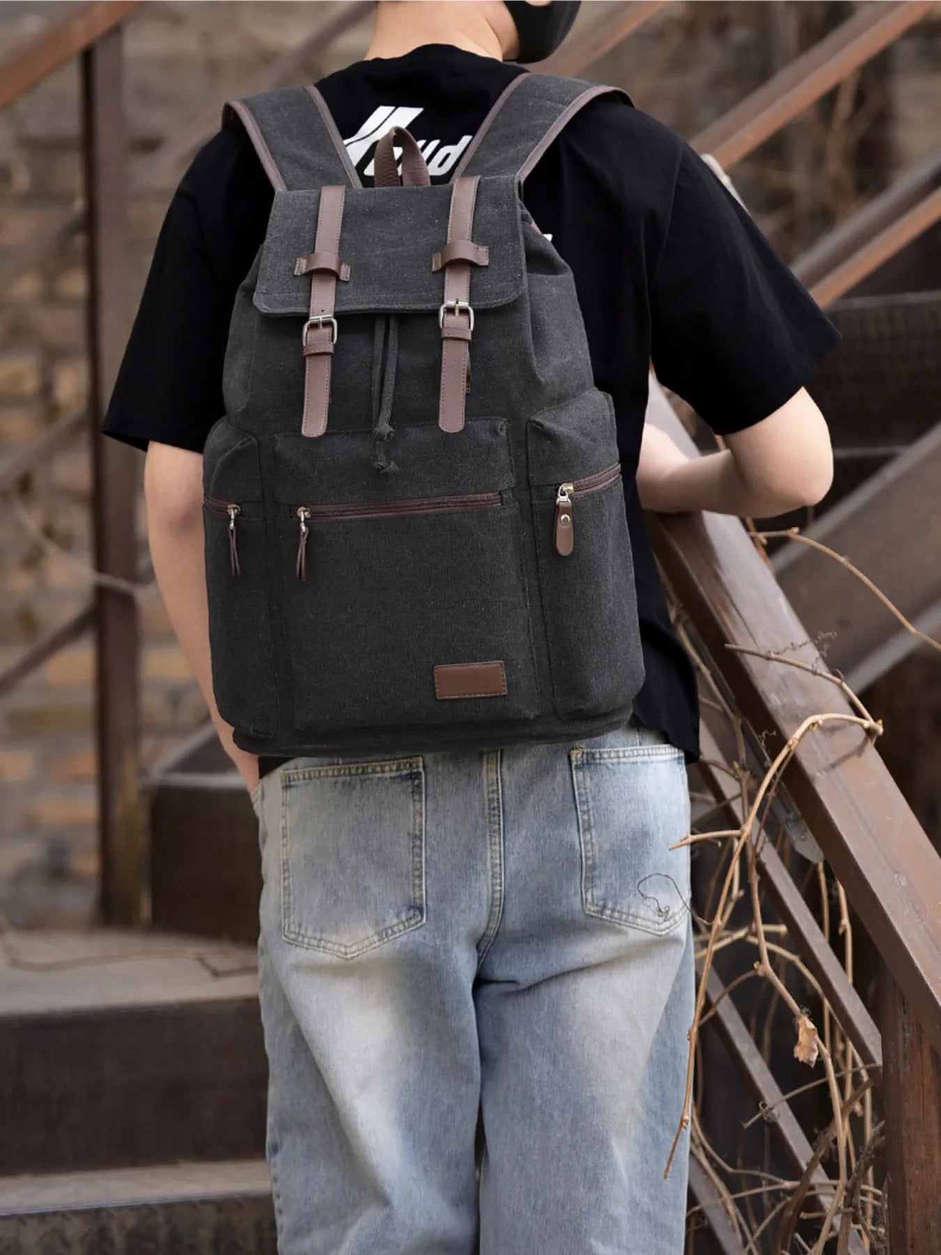 Canvas Backpack Bag with Buckle Straps Black One Size