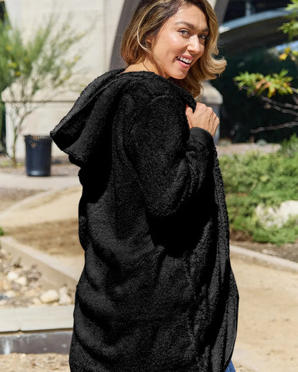 Double Take Full Size Hooded Teddy Bear Jacket with Thumbholes
