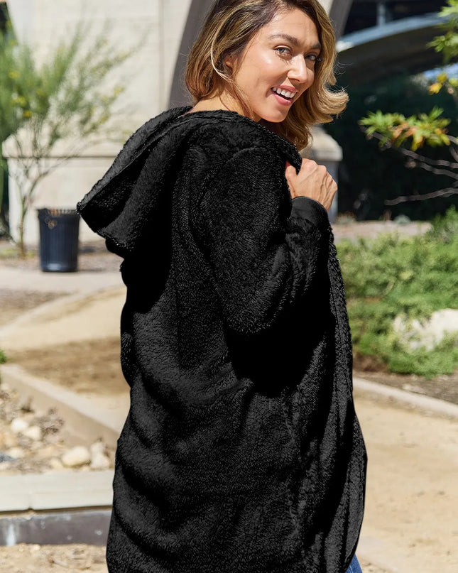 Double Take Full Size Hooded Teddy Bear Jacket with Thumbholes