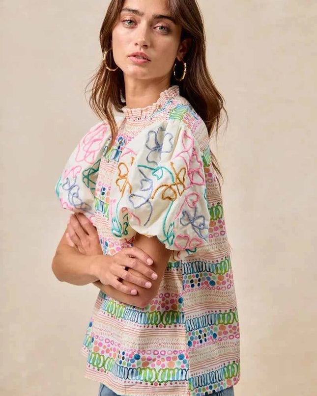 BiBi Ruffle Neckline Blouse With Embroidery Bubble Sleeve