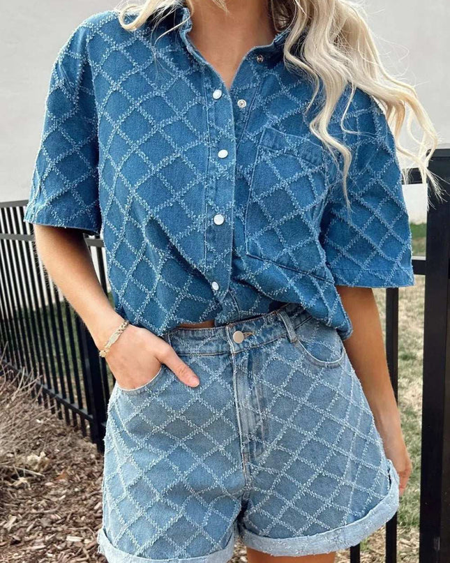 Pocketed Collared Neck Short Sleeve Denim Shirt