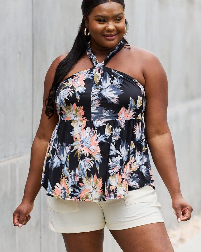 Be Stage Full Size Floral Halter Top in Black