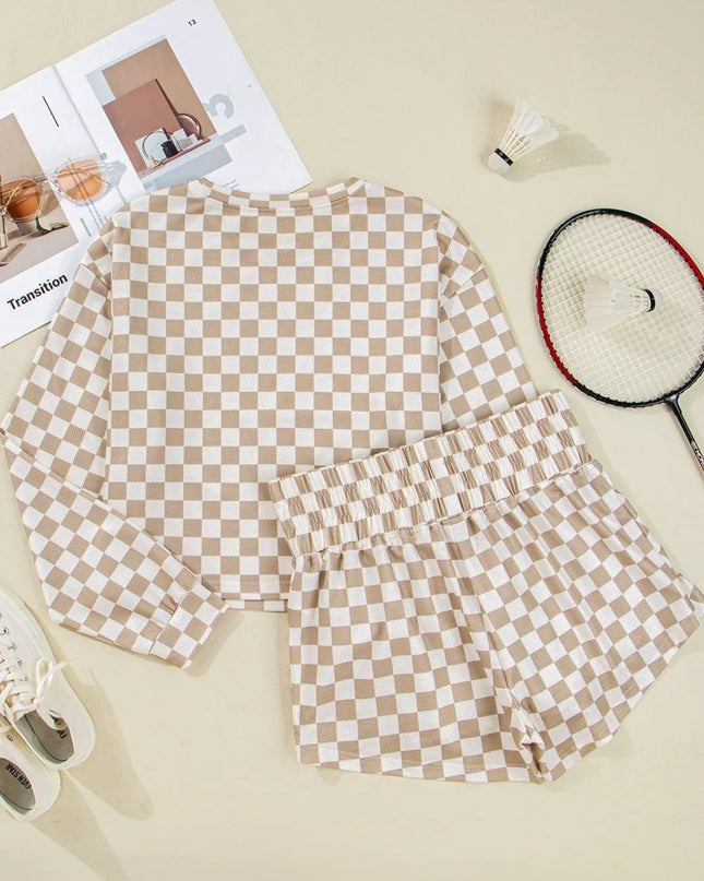 Checkered Long Sleeve Top and Skirt Two-Piece Set